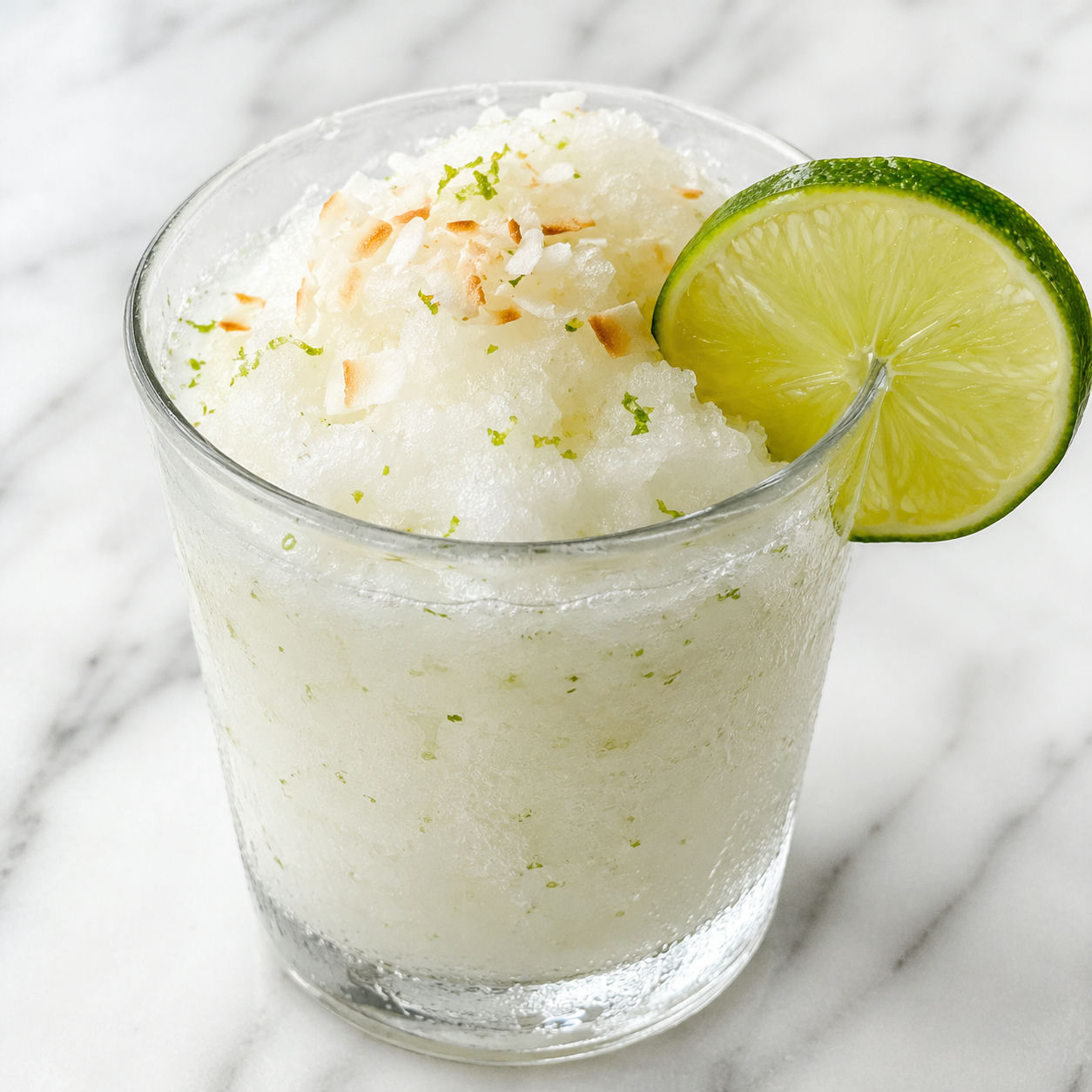 Coconut lime slush with lime wheel and toasted coconut in a chilled glass