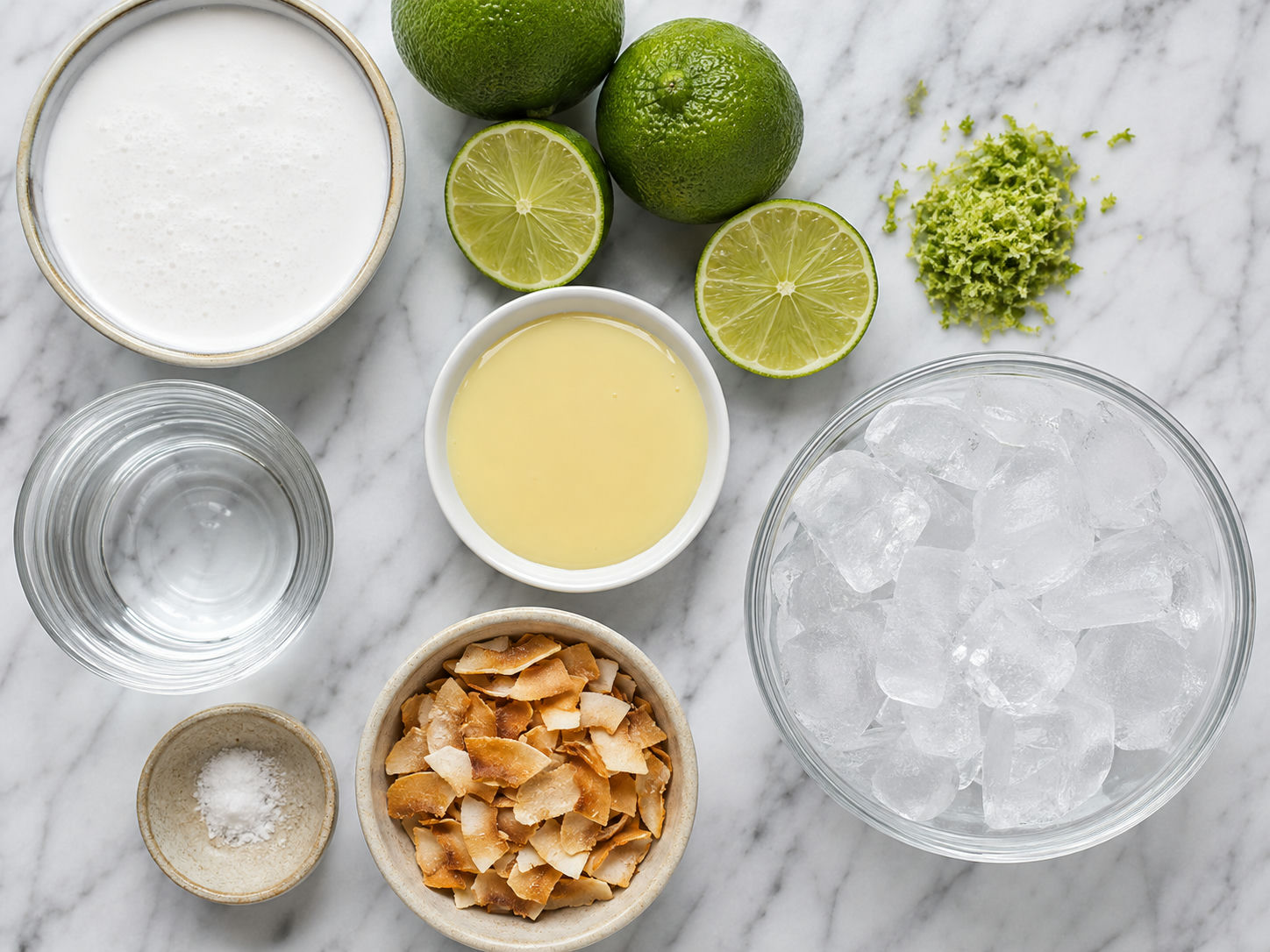 Coconut milk, limes, condensed milk, ice, and toasted coconut for slush