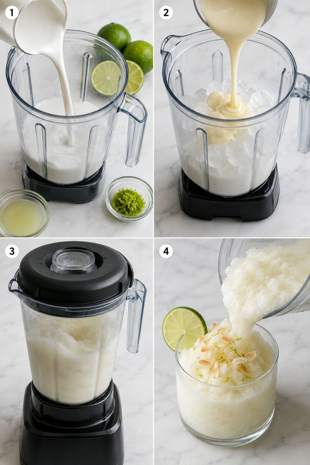 Four steps for blending coconut lime slush from ingredients to pouring