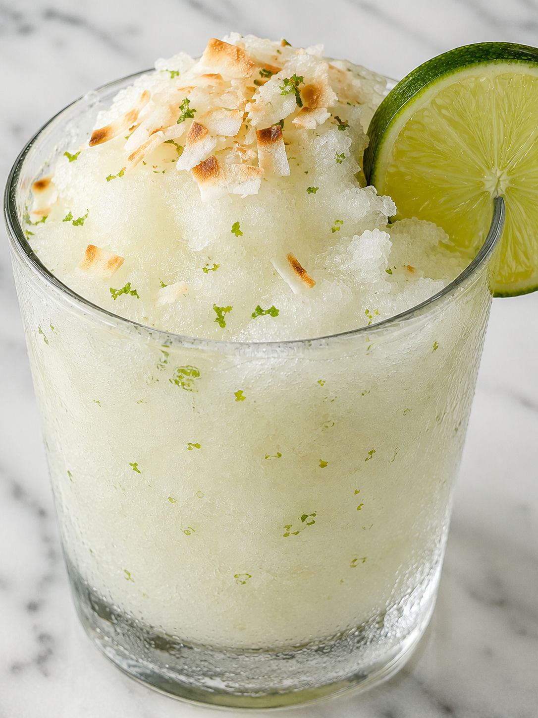 Frosty coconut lime slush with lime zest and toasted coconut in a cold glass
