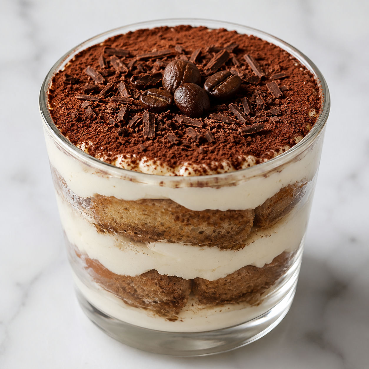 Coffee tiramisu cups with cocoa, chocolate shavings, and mascarpone cream