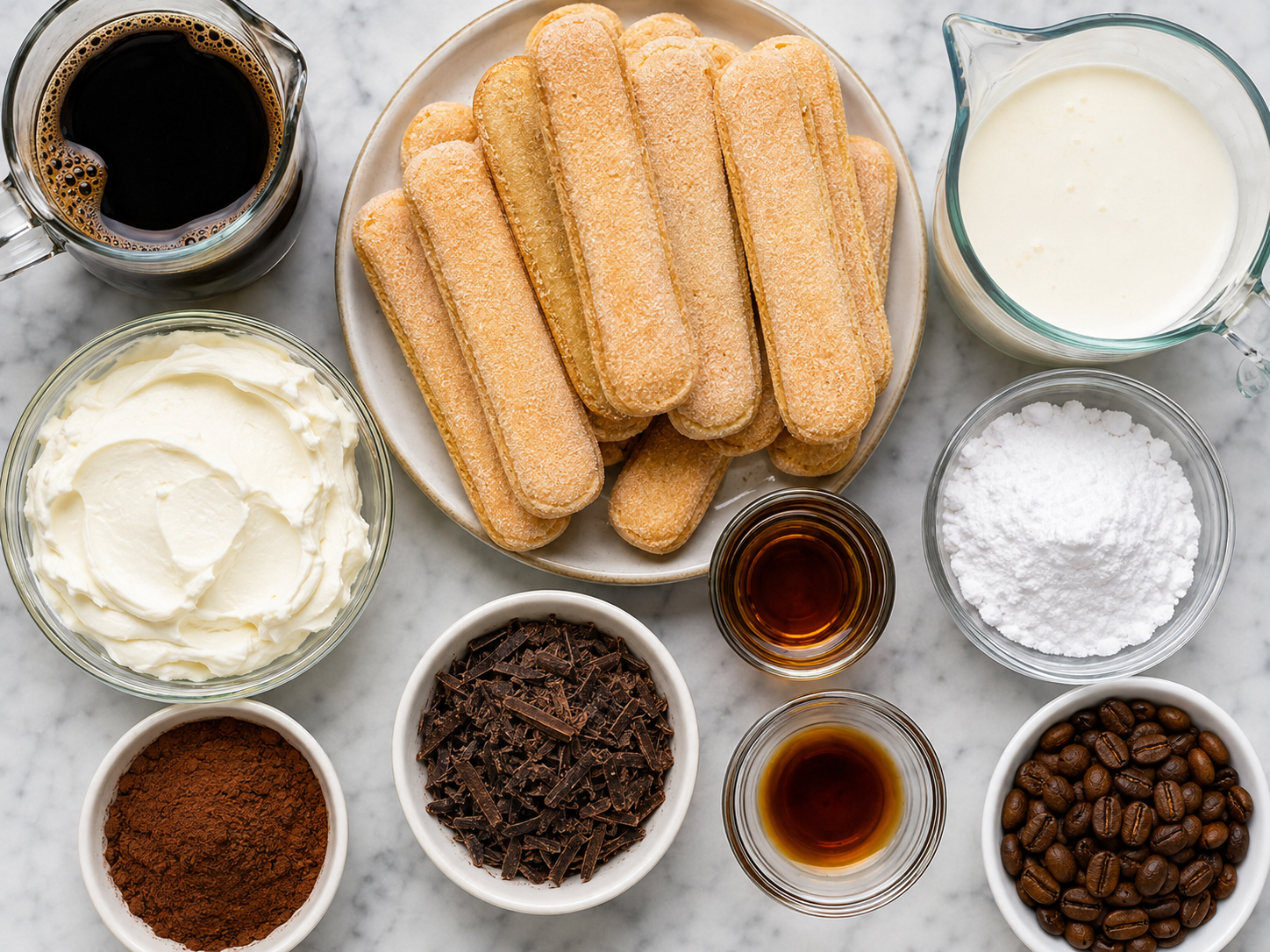 Ingredients for coffee tiramisu cups with ladyfingers, mascarpone, cocoa, and coffee