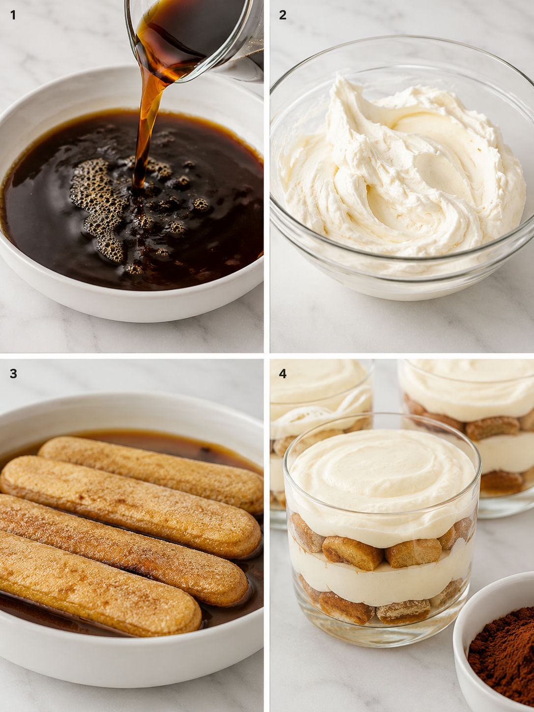 Four steps for making coffee tiramisu cups with cream and dipped ladyfingers