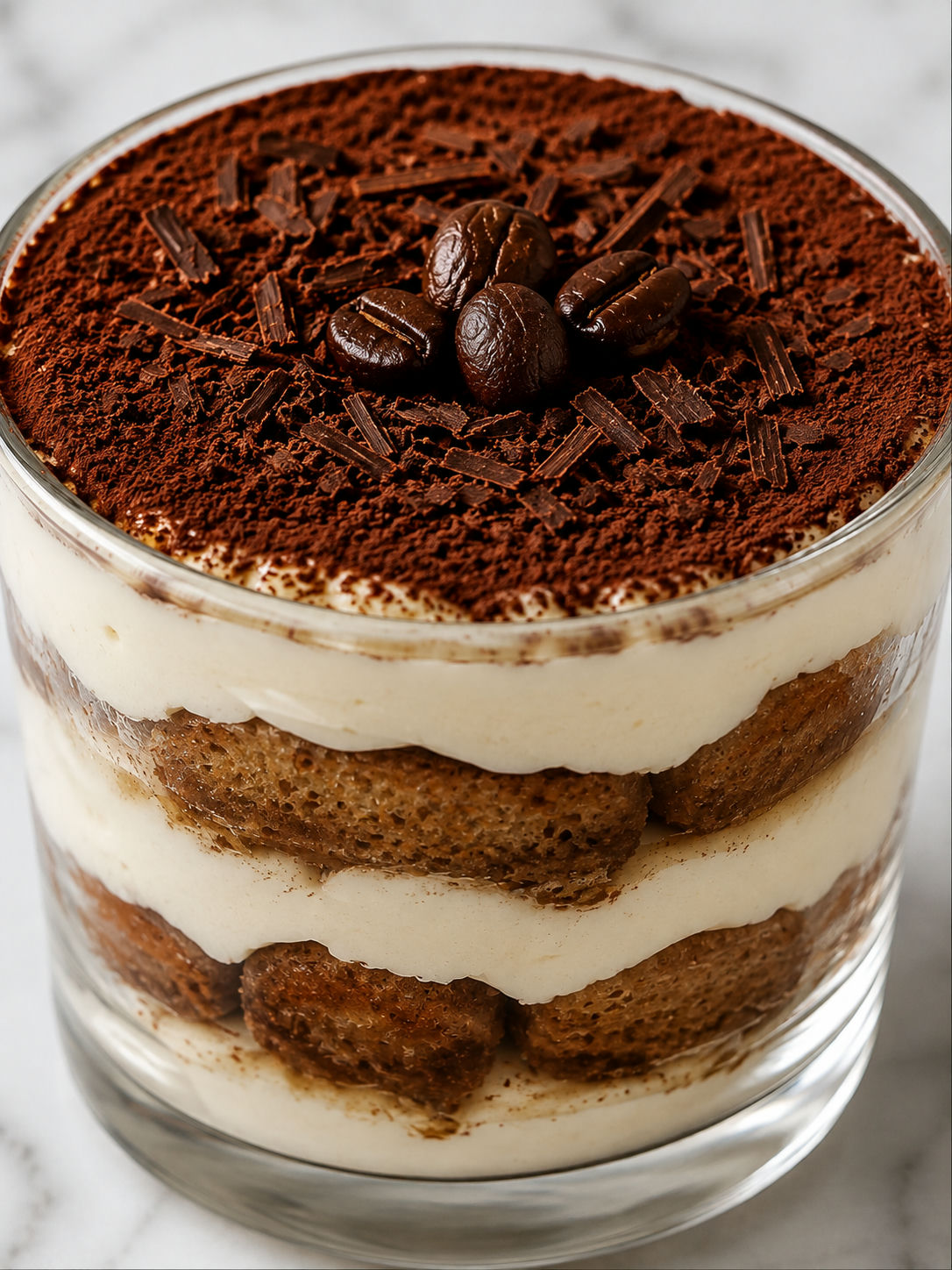 Coffee tiramisu cups with cocoa tops and creamy layered filling