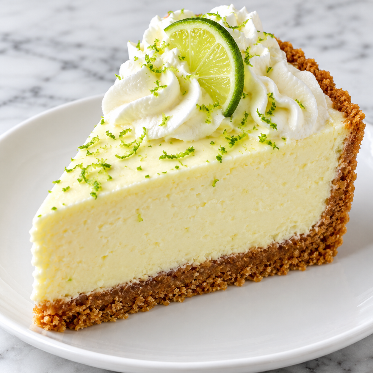 Key lime cheesecake slice with whipped cream and lime zest