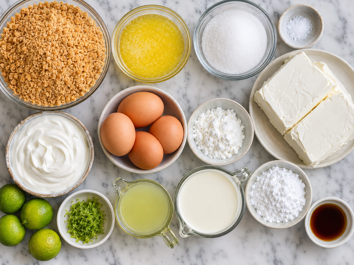 Ingredients for key lime cheesecake on a marble counter