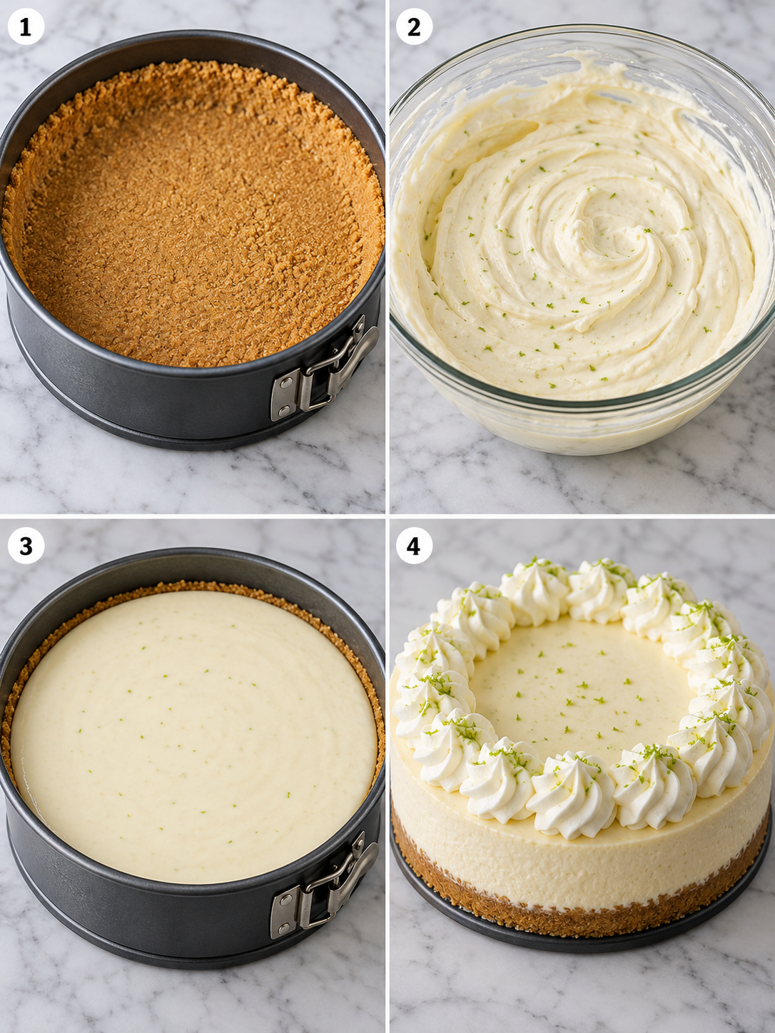 Four steps for making key lime cheesecake from crust to topping