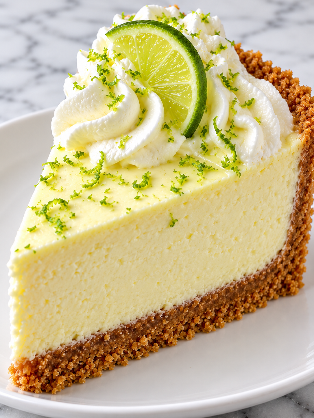 Creamy key lime cheesecake slice with whipped cream and lime
