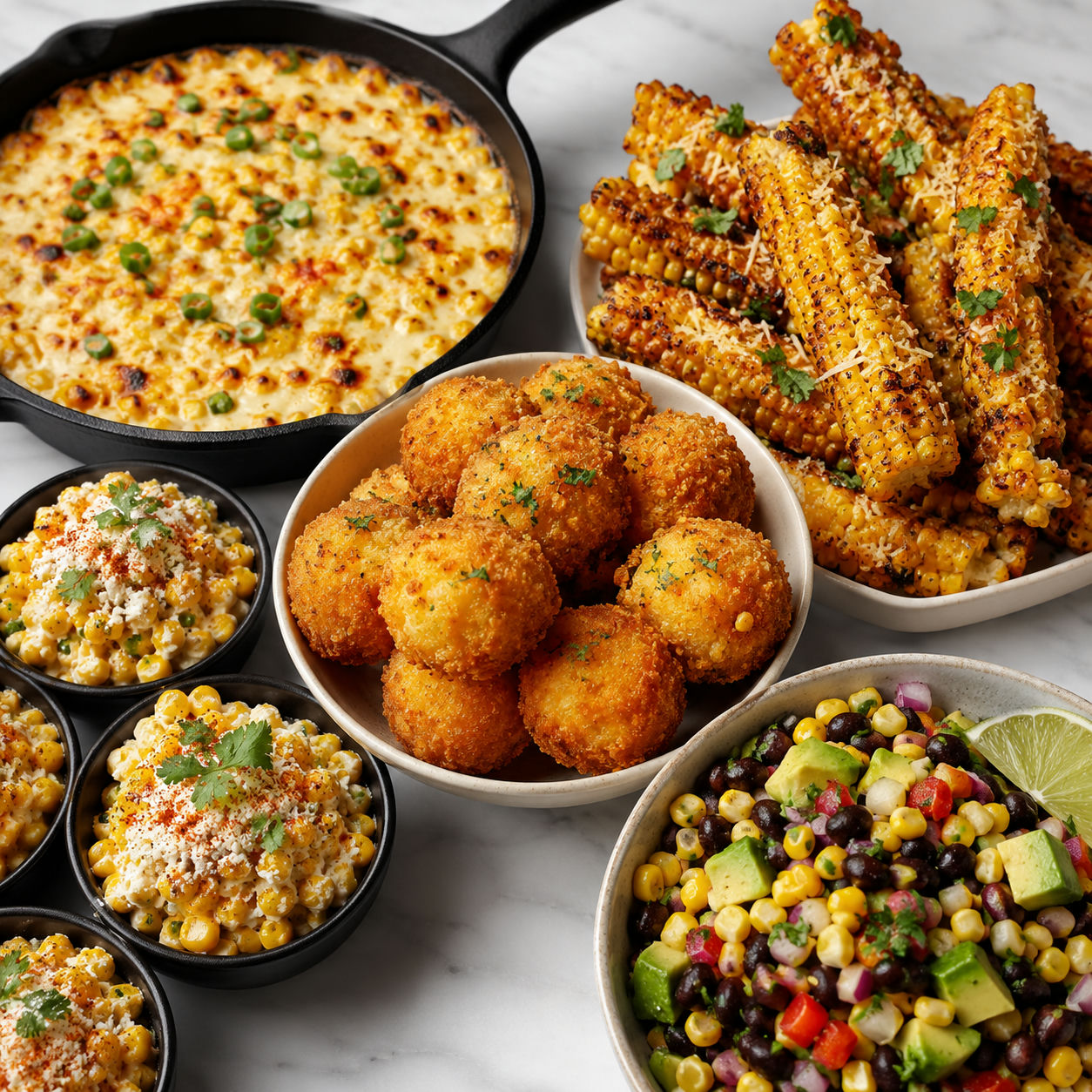 Corn snack spread with corn cheese, corn ribs, corn balls, corn cups, and salsa