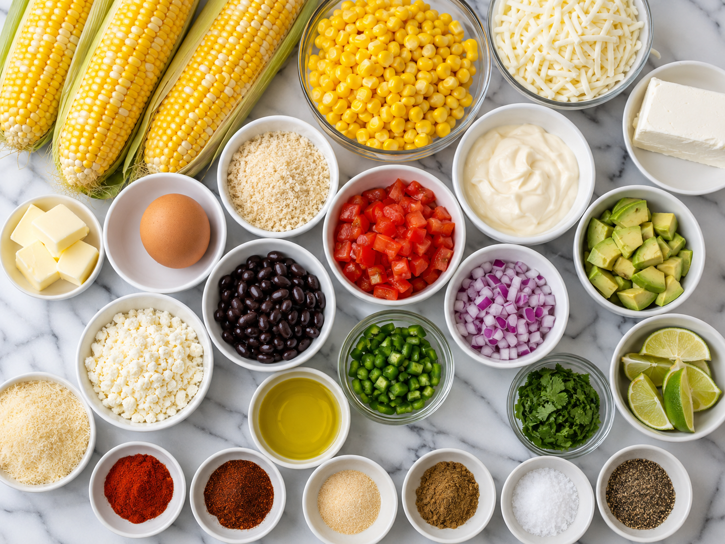 Ingredients for easy corn recipes with corn, cheese, beans, avocado, and limes