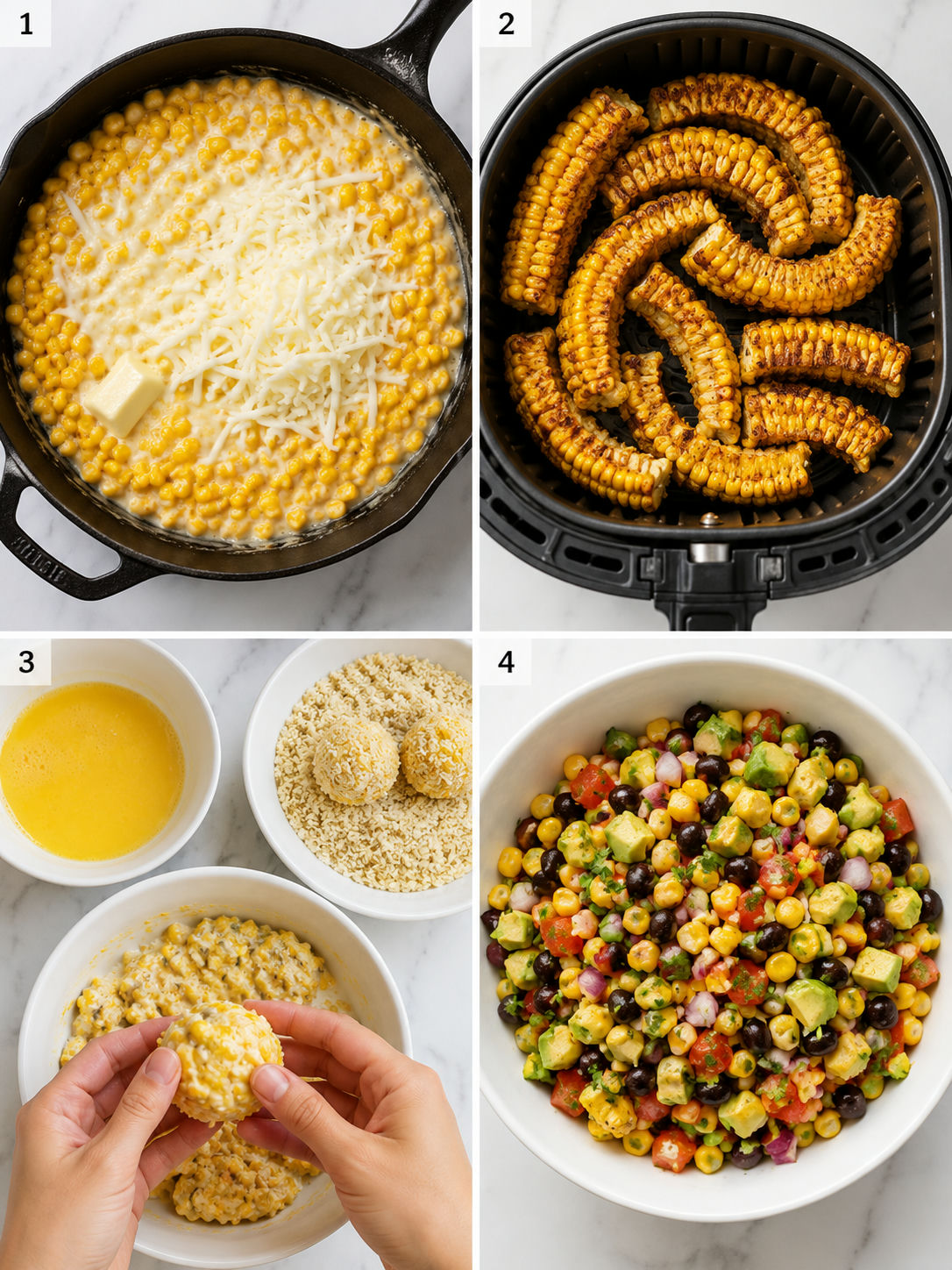 Four steps for making corn cheese, corn ribs, corn balls, and corn salsa
