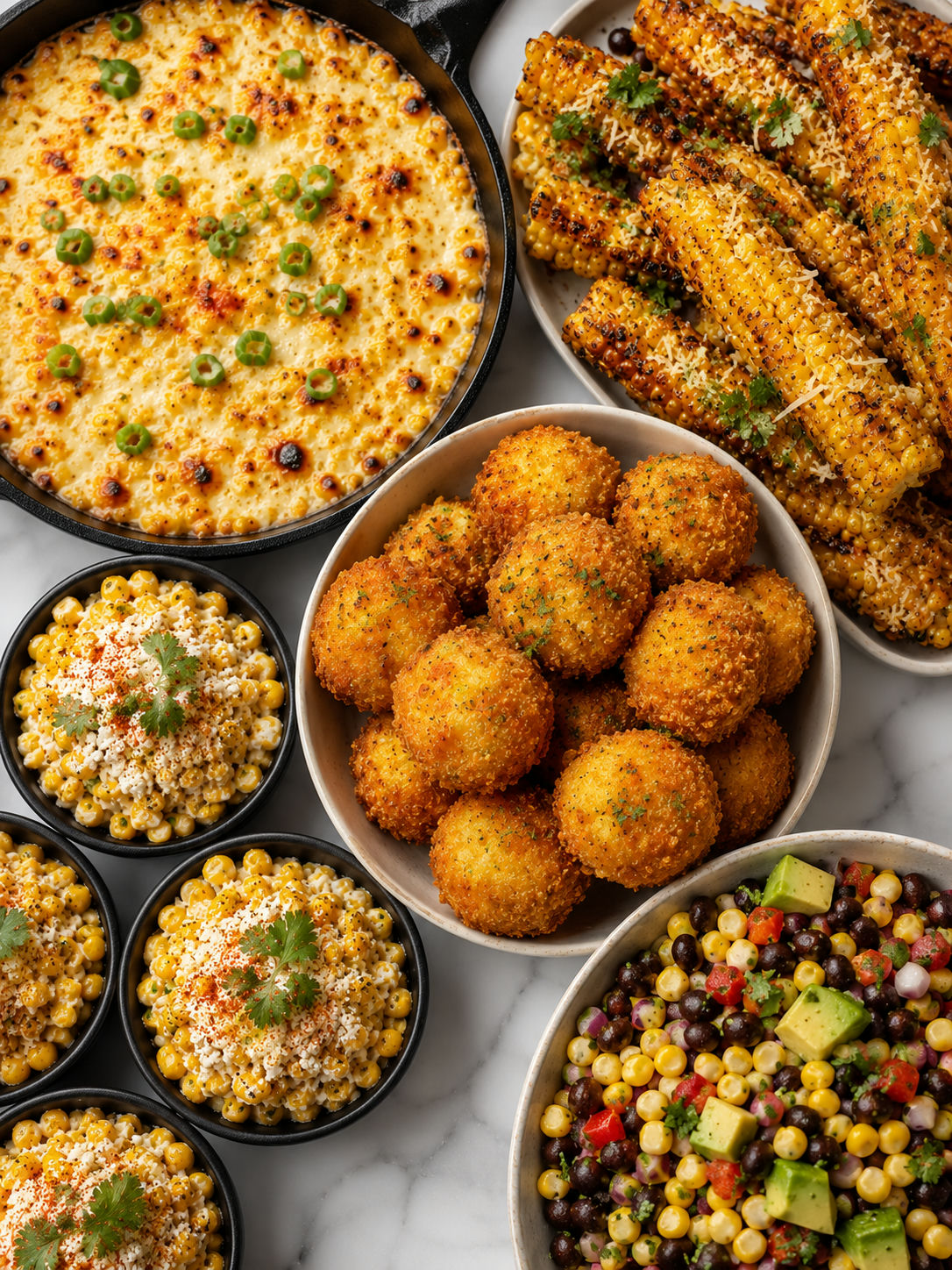 Top-down corn lovers snack spread with cheese, corn ribs, corn balls, and salsa