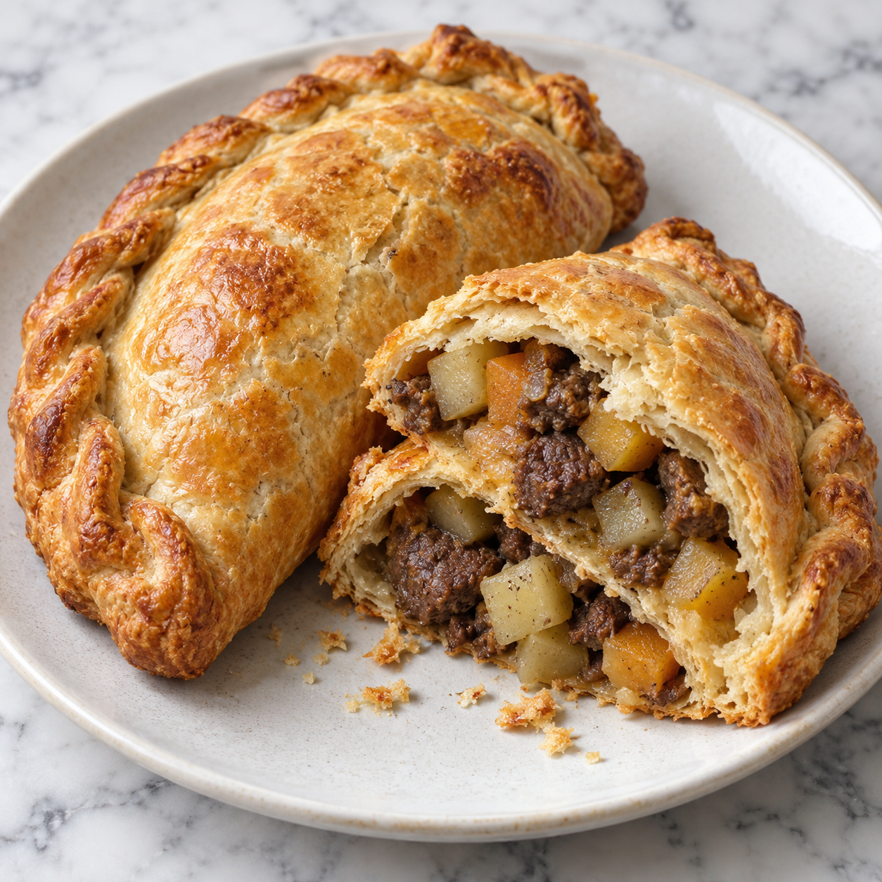Cornish beef pasties with golden crust and diced beef filling
