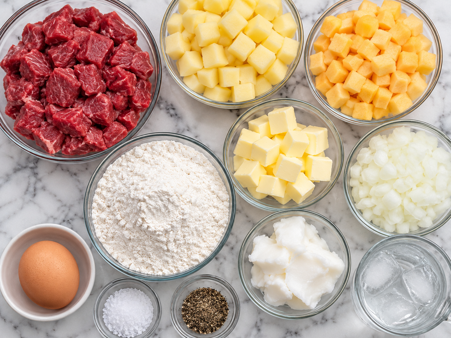 Raw beef, potato, swede, onion, flour, butter, and egg for pasties