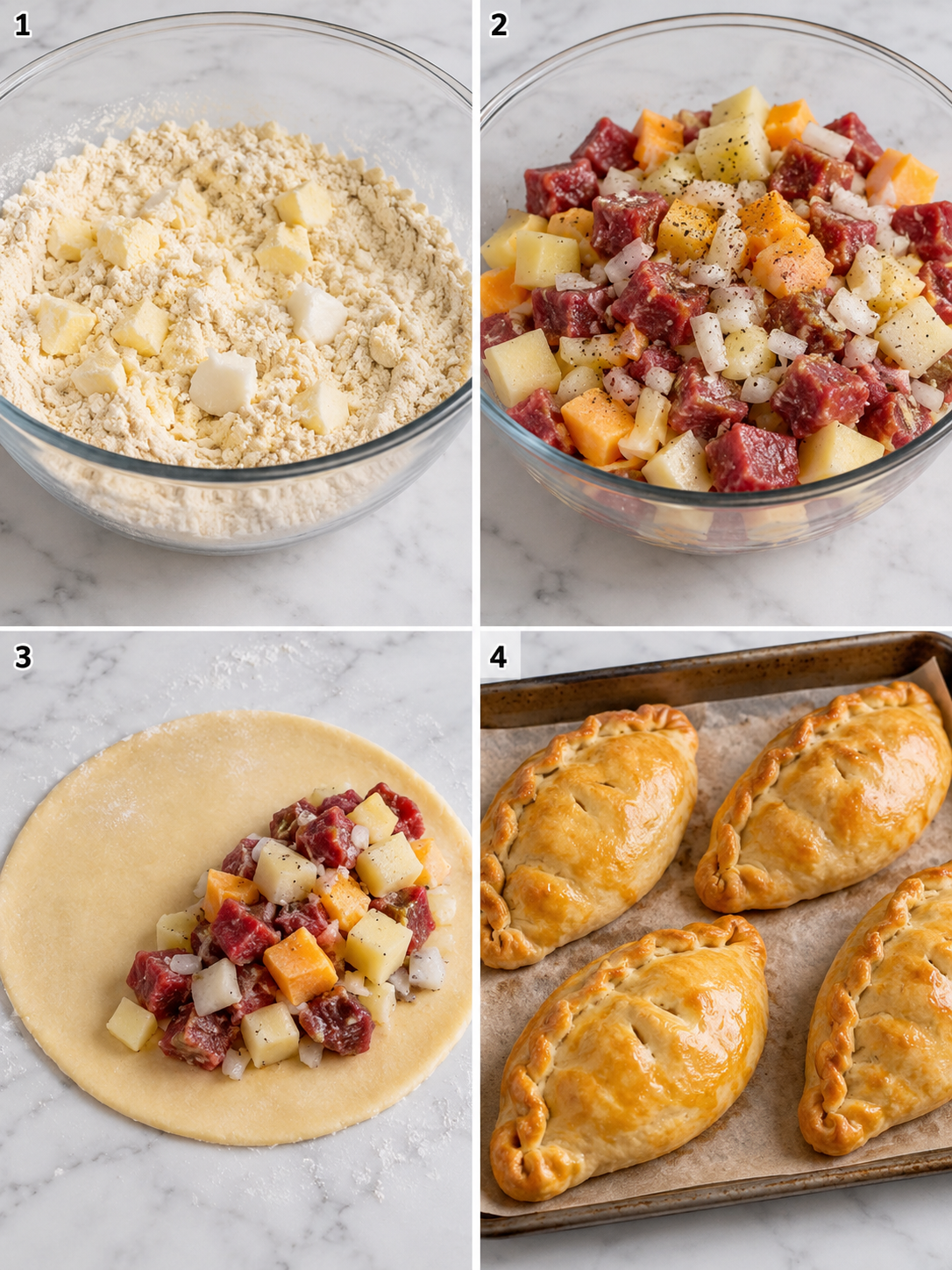 Four steps for making Cornish beef pasties from pastry to baking