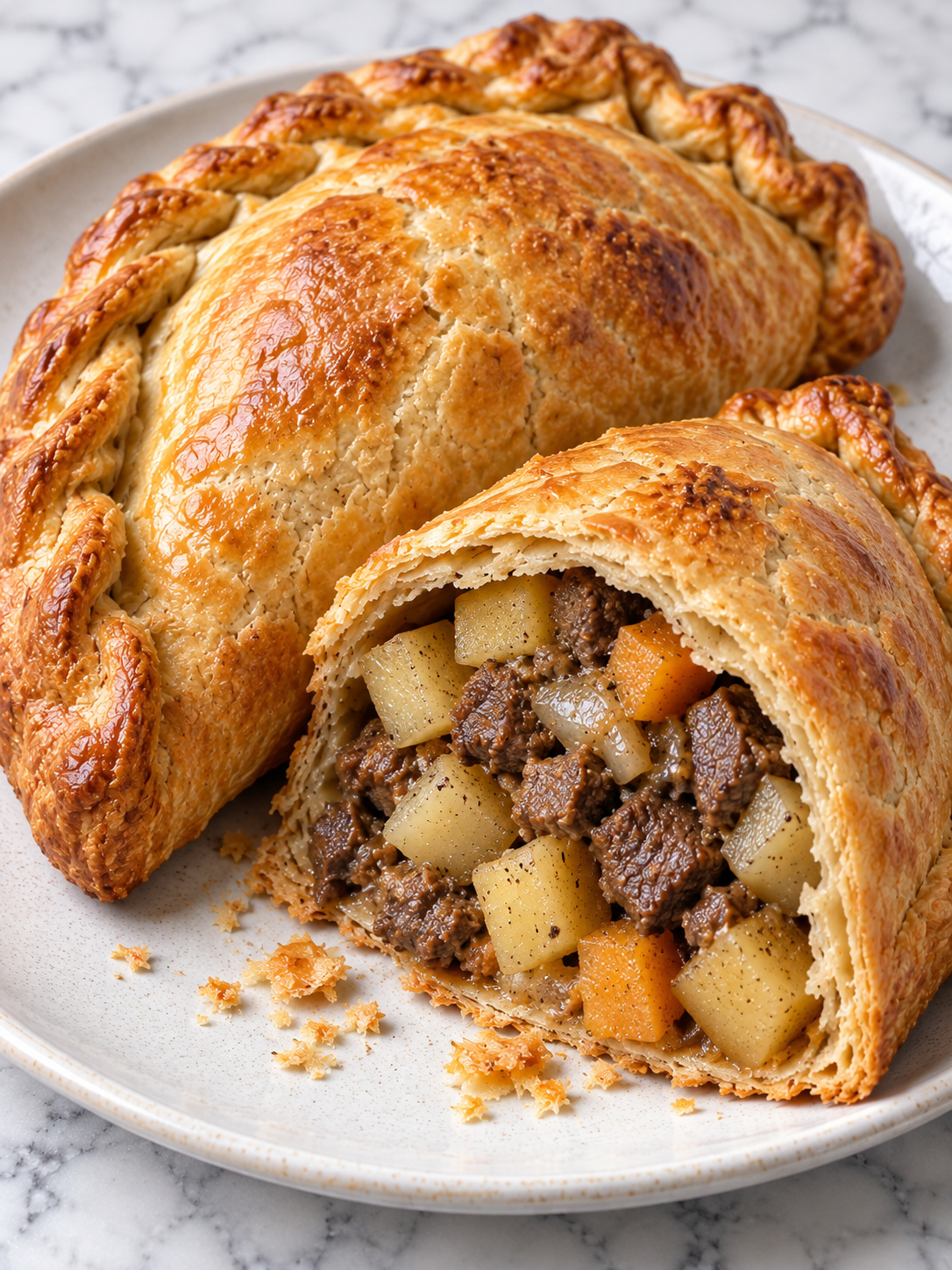 Golden Cornish beef pasties with flaky crust and savory filling