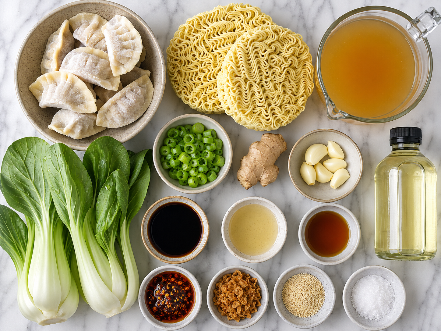 Ingredients for dumpling noodle soup with ramen, bok choy, ginger, and chili crisp