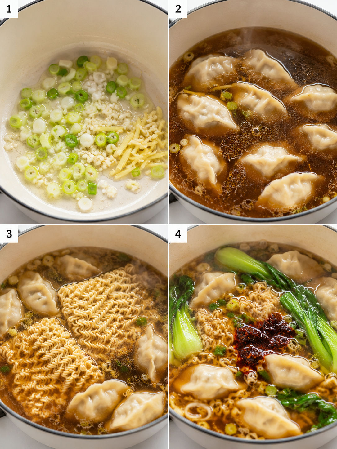 Four cooking steps for dumpling noodle soup with broth, noodles, and bok choy