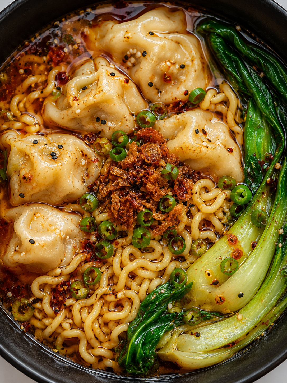 Top-down dumpling noodle soup with chili crisp, ramen, bok choy, and scallions