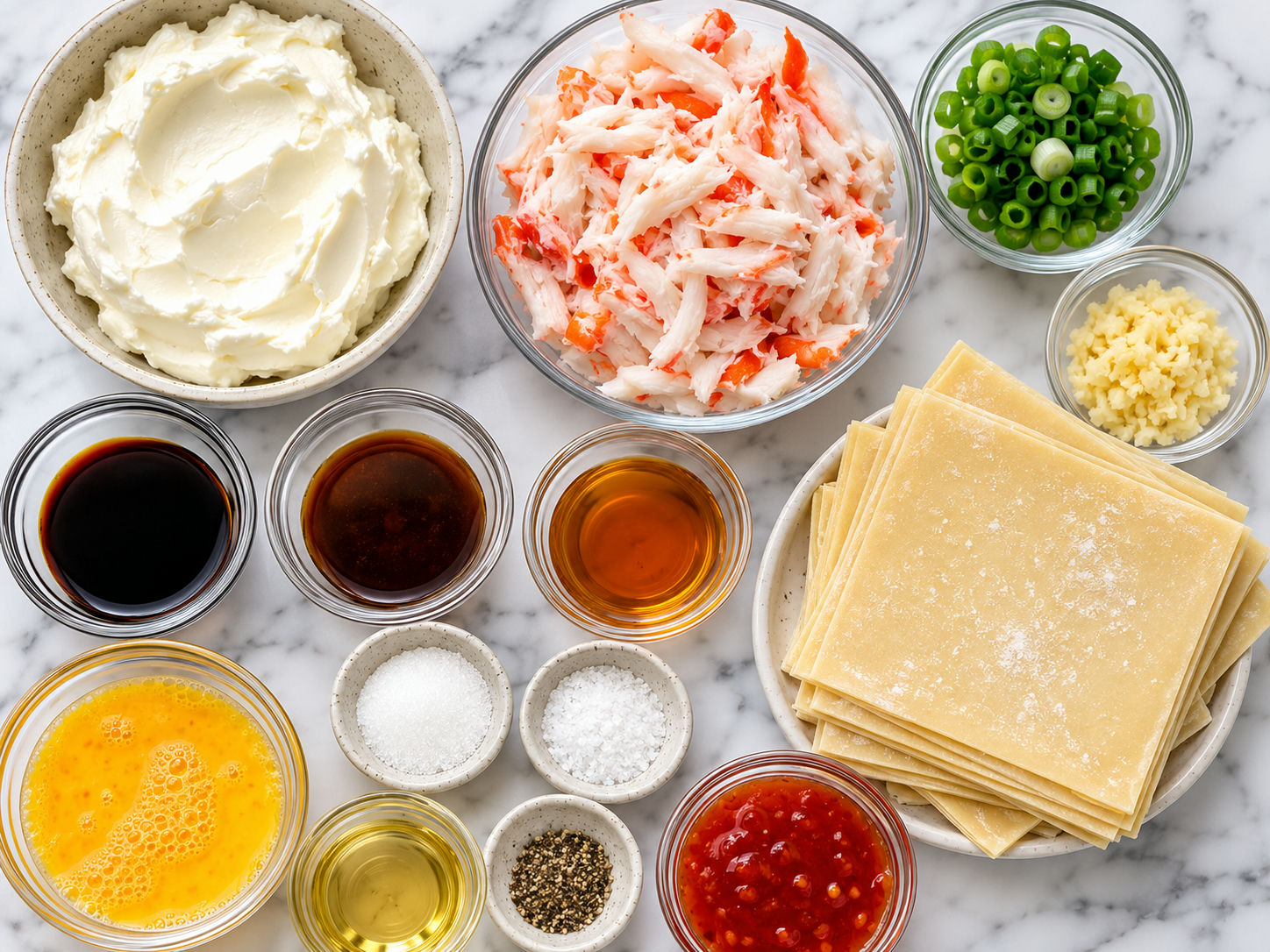 Crab Rangoon ingredients with wonton wrappers, crab, and cream cheese