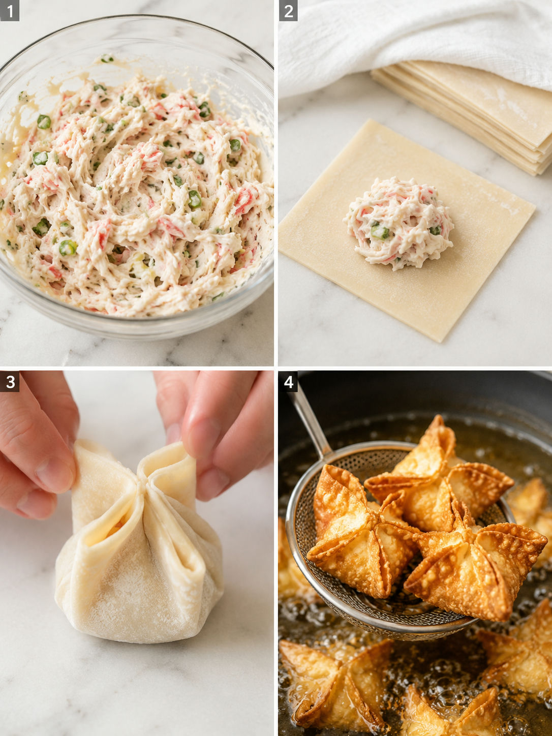 Four steps for mixing, filling, sealing, and frying Crab Rangoon
