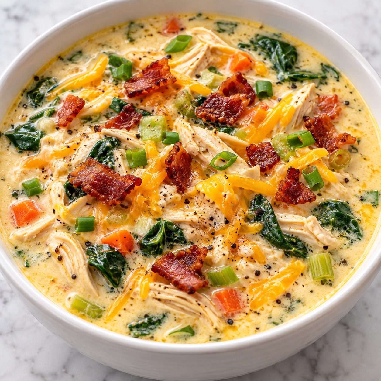 Creamy crack chicken soup with bacon, cheddar, spinach, and scallions