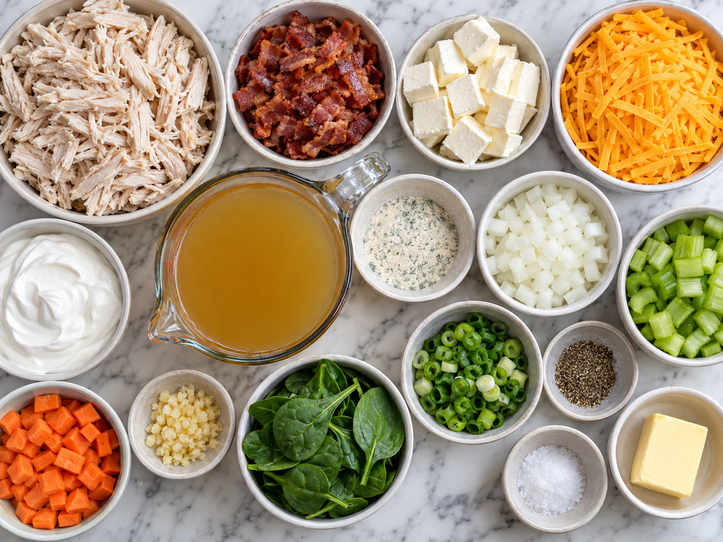 Ingredients for crack chicken soup with chicken, bacon, cheese, and spinach