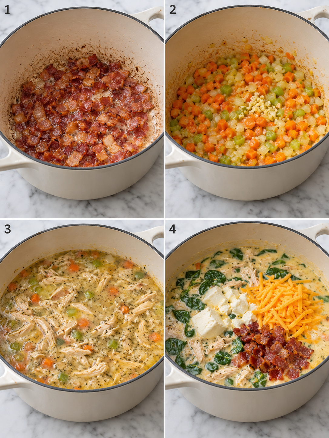 Four cooking steps for creamy crack chicken soup in a Dutch oven