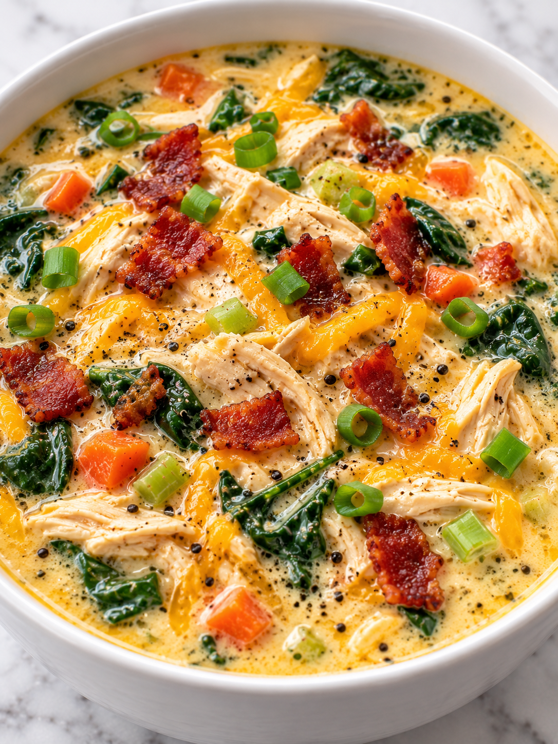 Bowl of crack chicken soup with bacon, cheddar, spinach, and scallions
