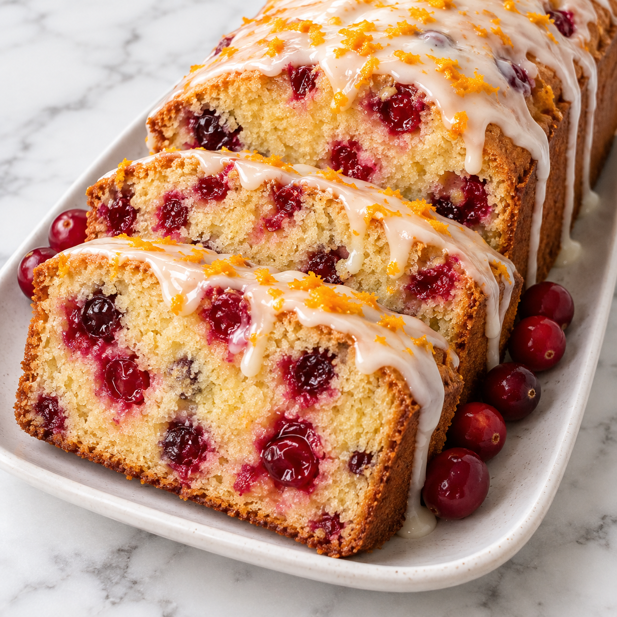 Cranberry orange bread with white glaze and orange zest on a platter