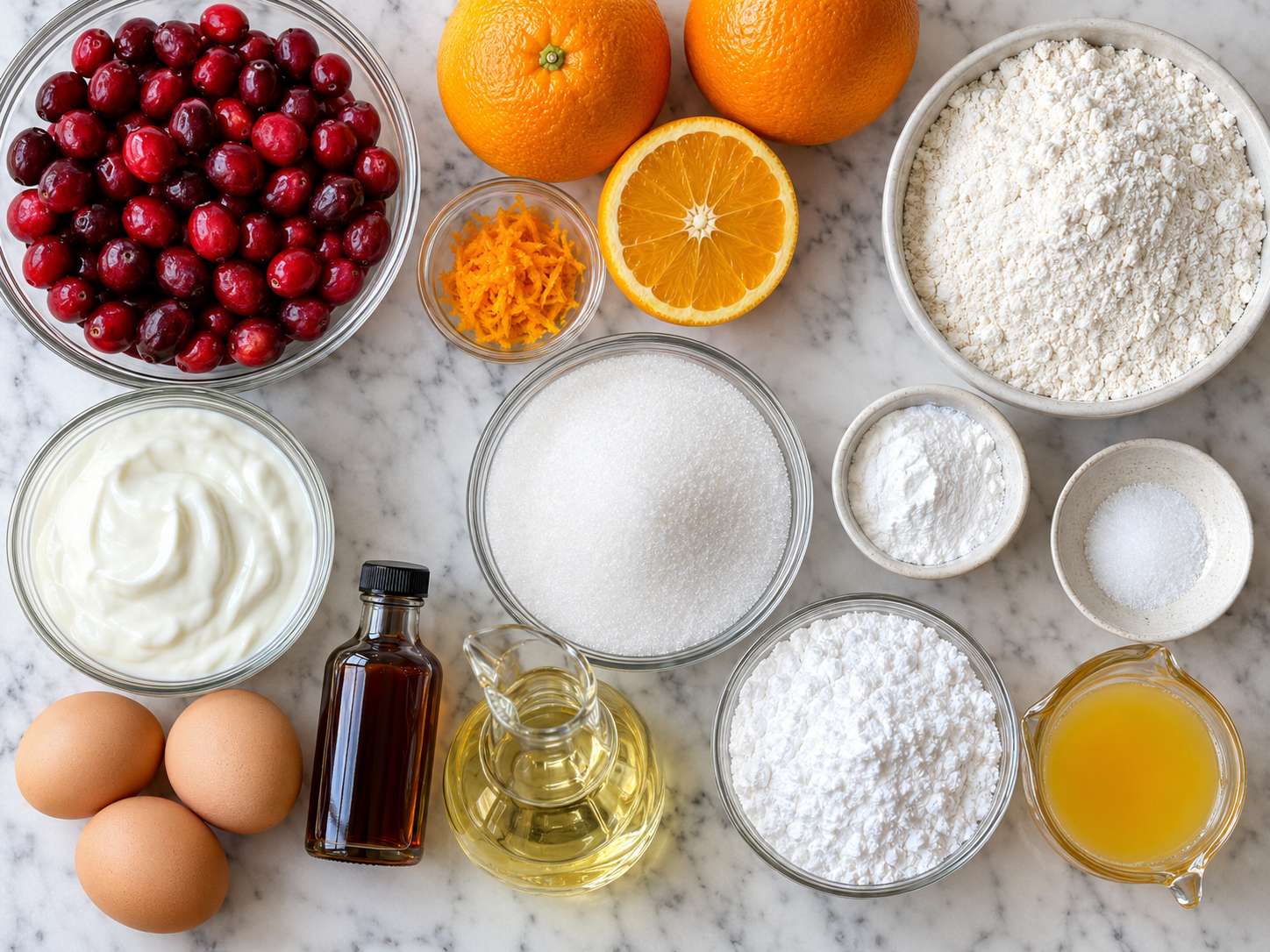 Ingredients for cranberry orange bread with cranberries, oranges, yogurt, and flour