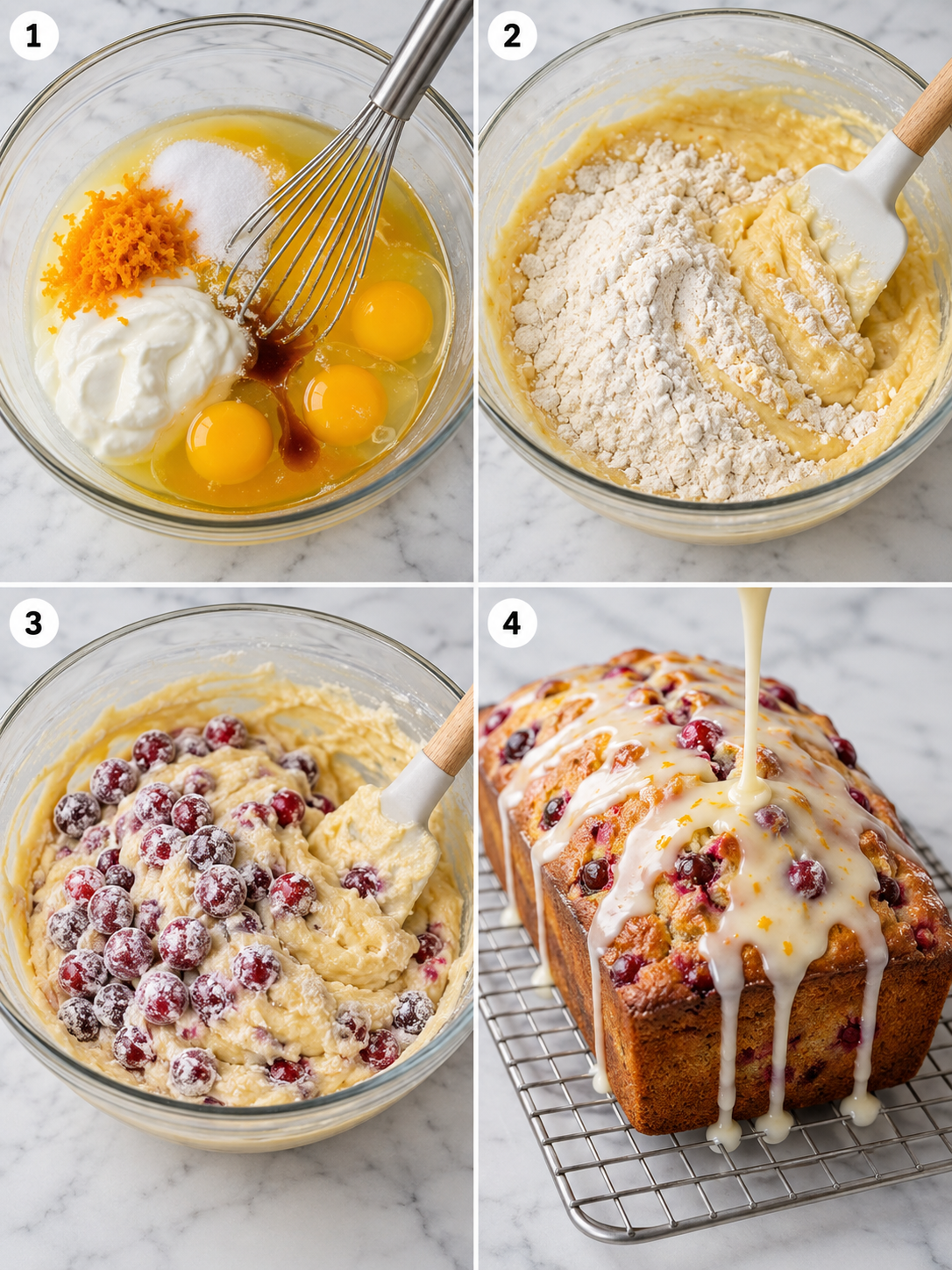Four steps for making cranberry orange bread from mixing to glazing