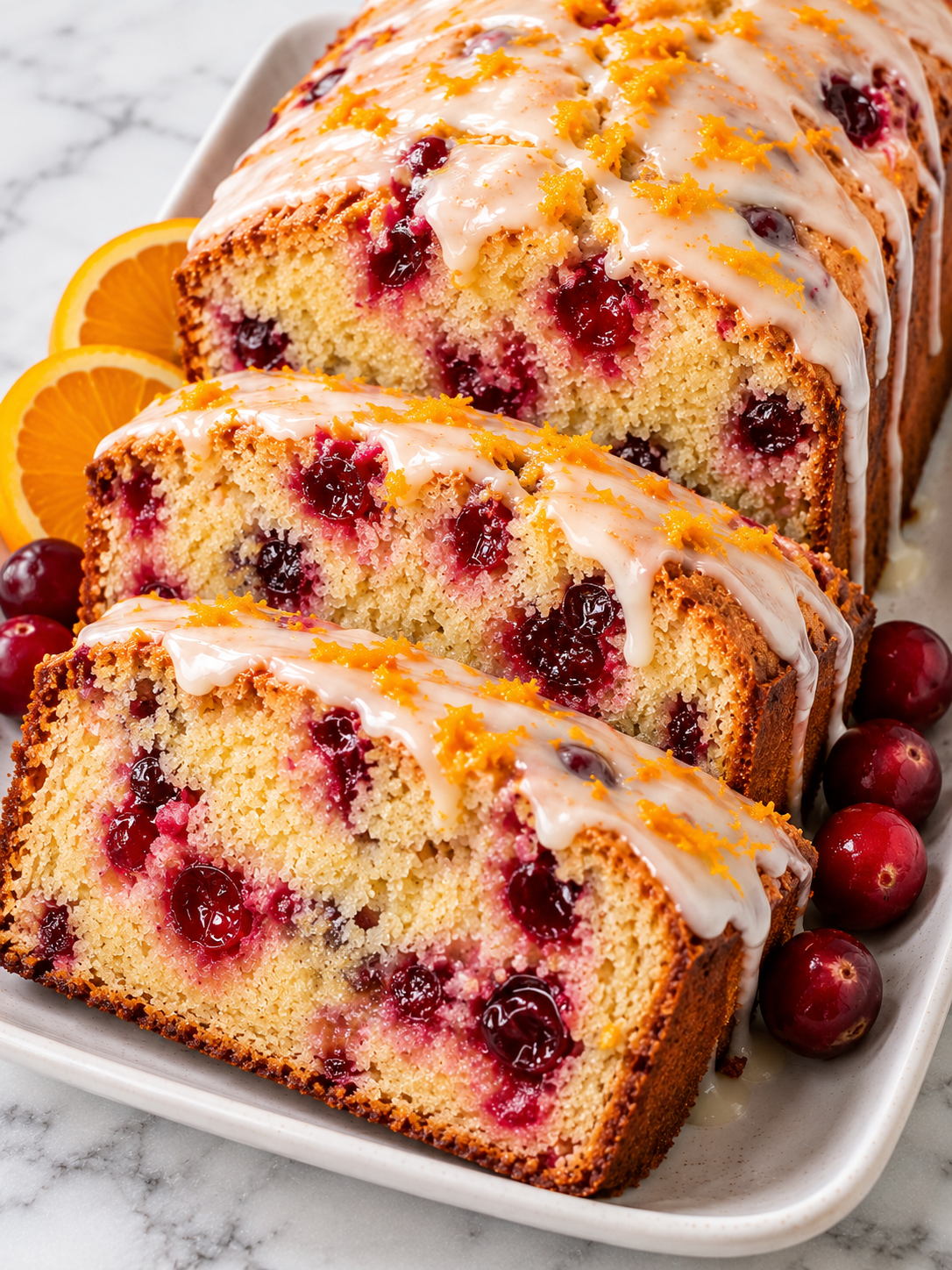 Sliced cranberry orange bread with white glaze and fresh cranberries