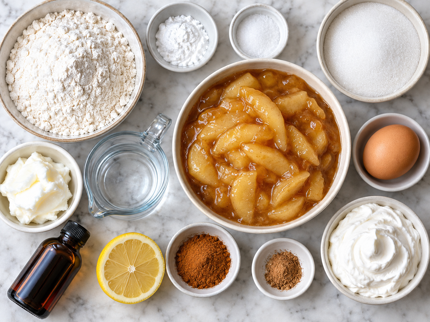 Ingredients for Crazy Crust Apple Pie with apples, flour, egg, and spices