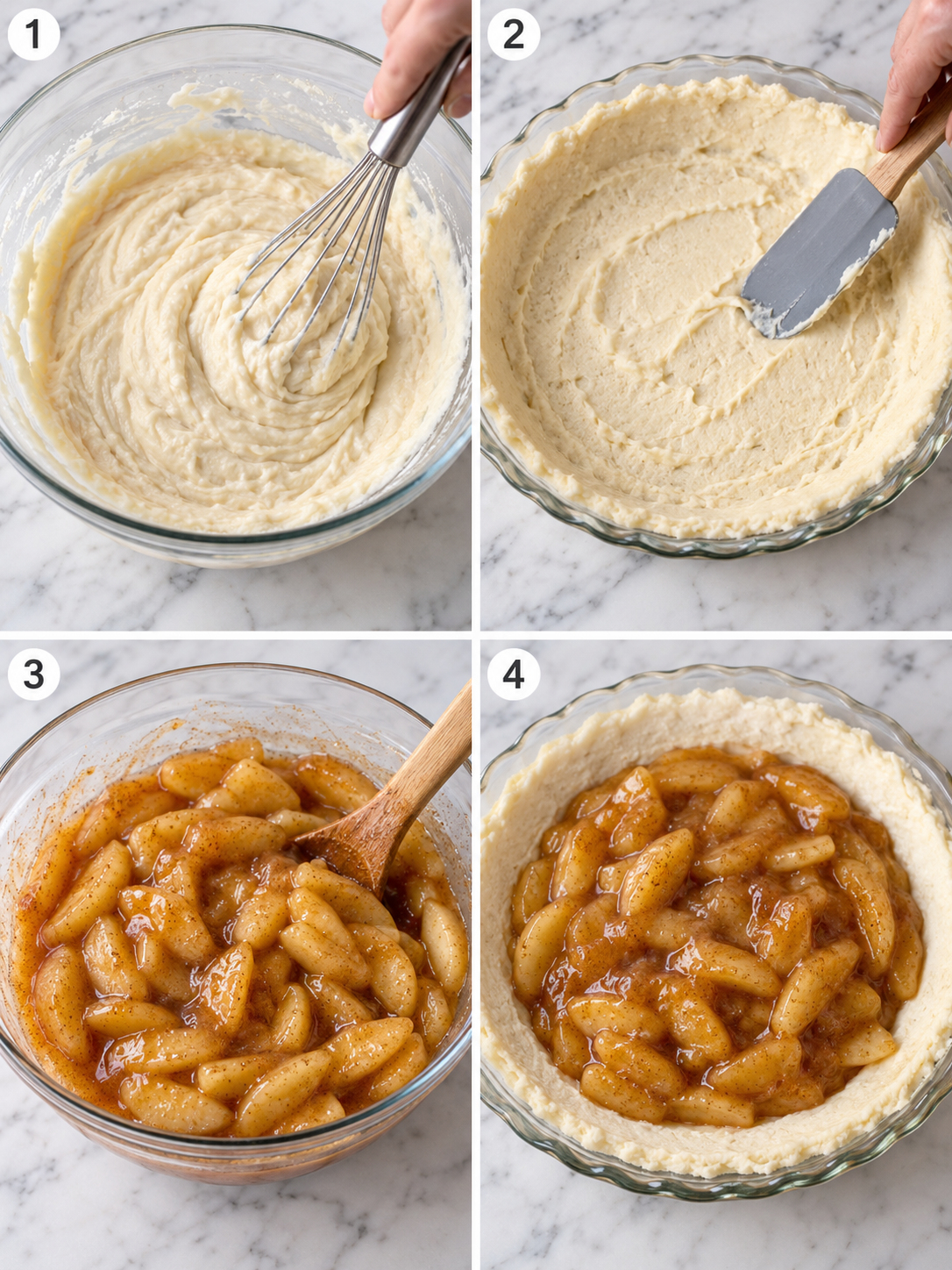 Four steps for making Crazy Crust Apple Pie with batter and apple filling