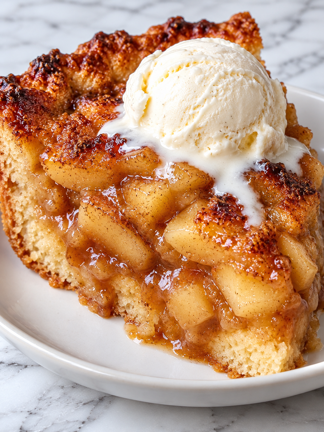 Slice of Crazy Crust Apple Pie with glossy apples and vanilla ice cream