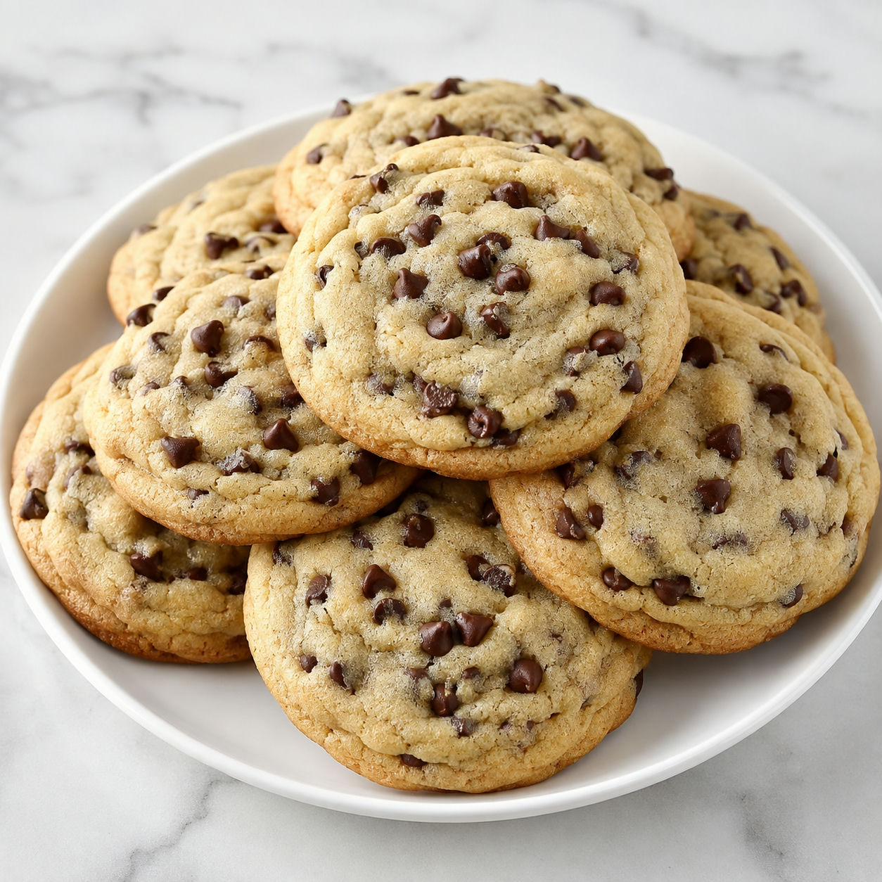 Soft cream cheese chocolate chip cookies stacked on a white plate
