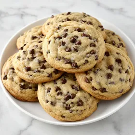 Soft cream cheese chocolate chip cookies stacked on a white plate