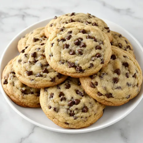 Soft cream cheese chocolate chip cookies stacked on a white plate