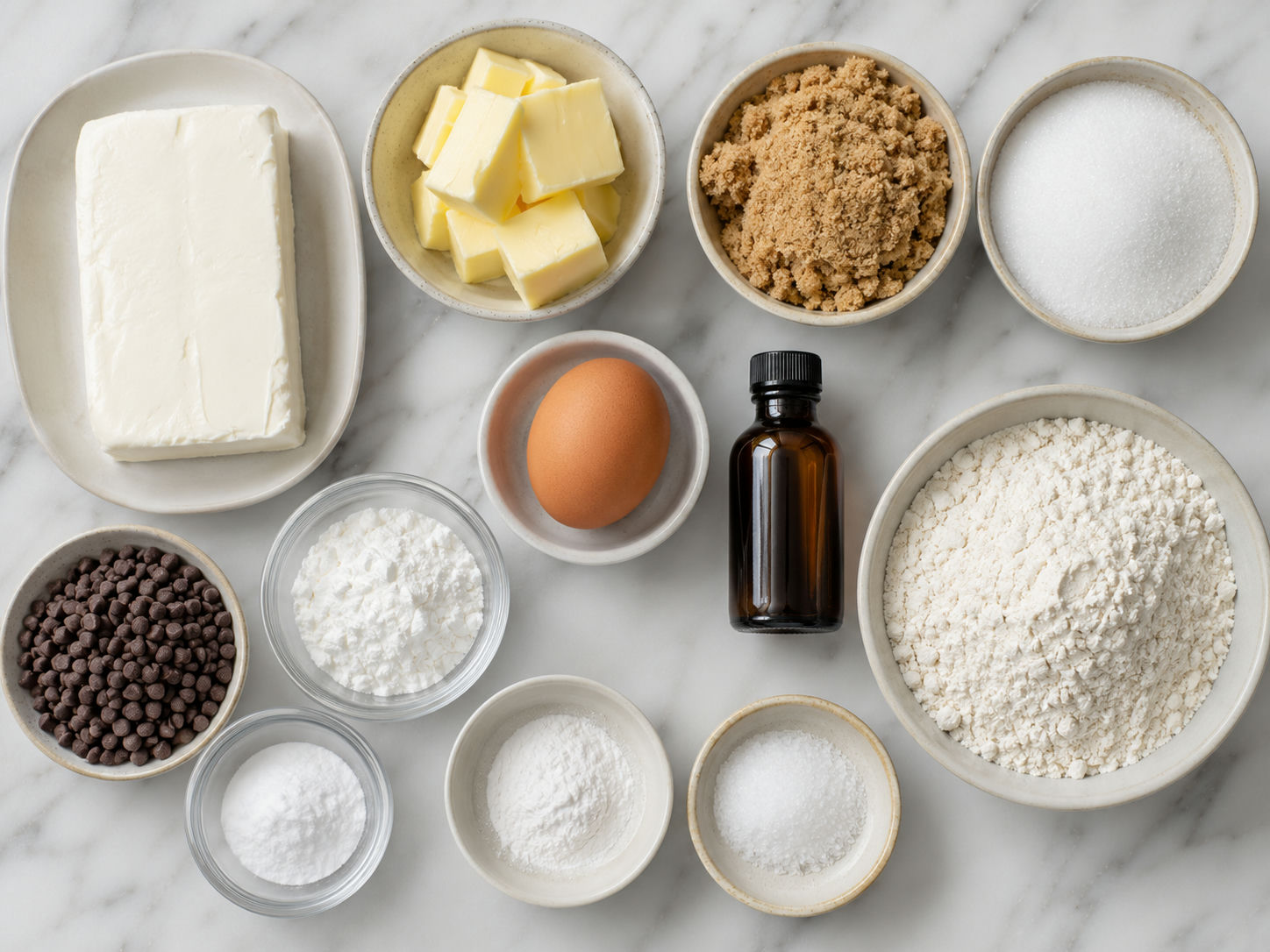 Ingredients for cream cheese chocolate chip cookies on a wood counter