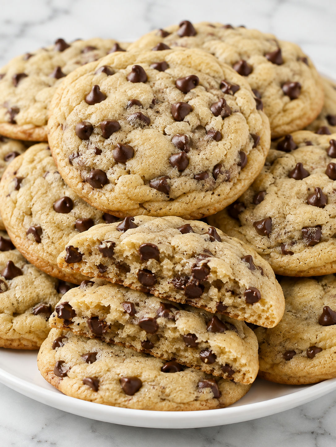 Thick cream cheese chocolate chip cookies with one broken open