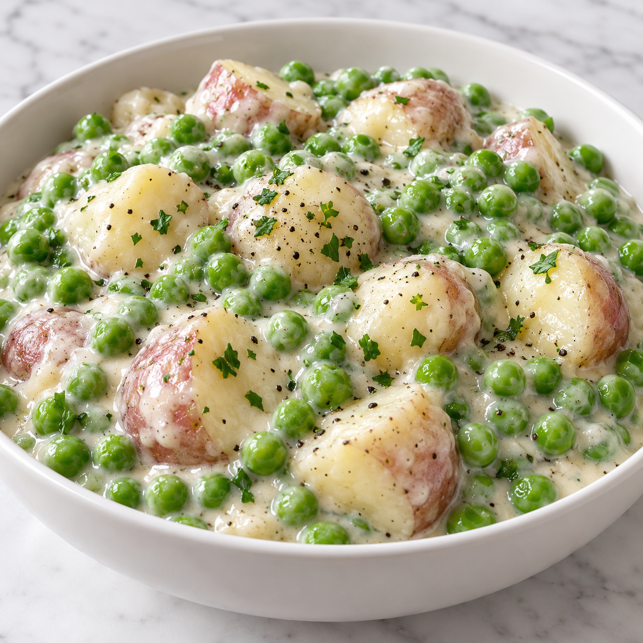 Creamed peas and potatoes in a white bowl with parsley
