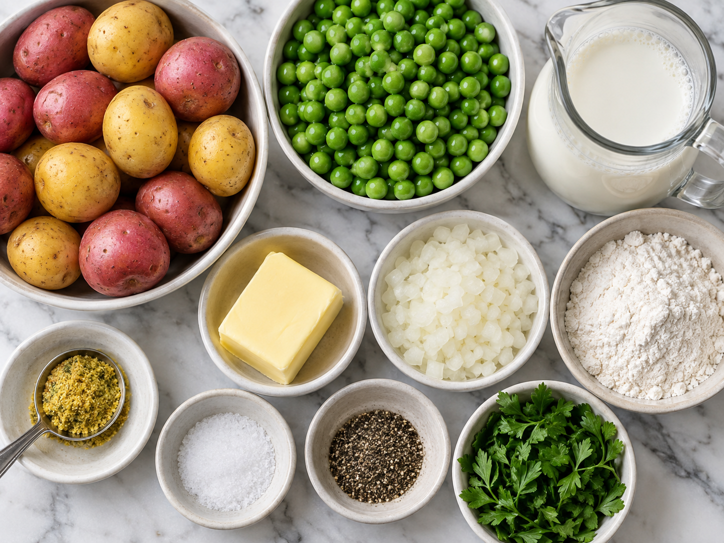 Ingredients for creamed peas and potatoes on a wooden surface