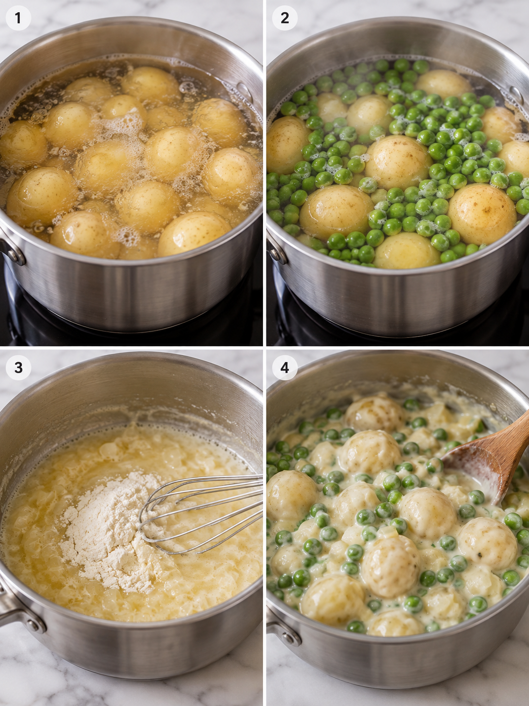 Four cooking steps for creamed peas and potatoes