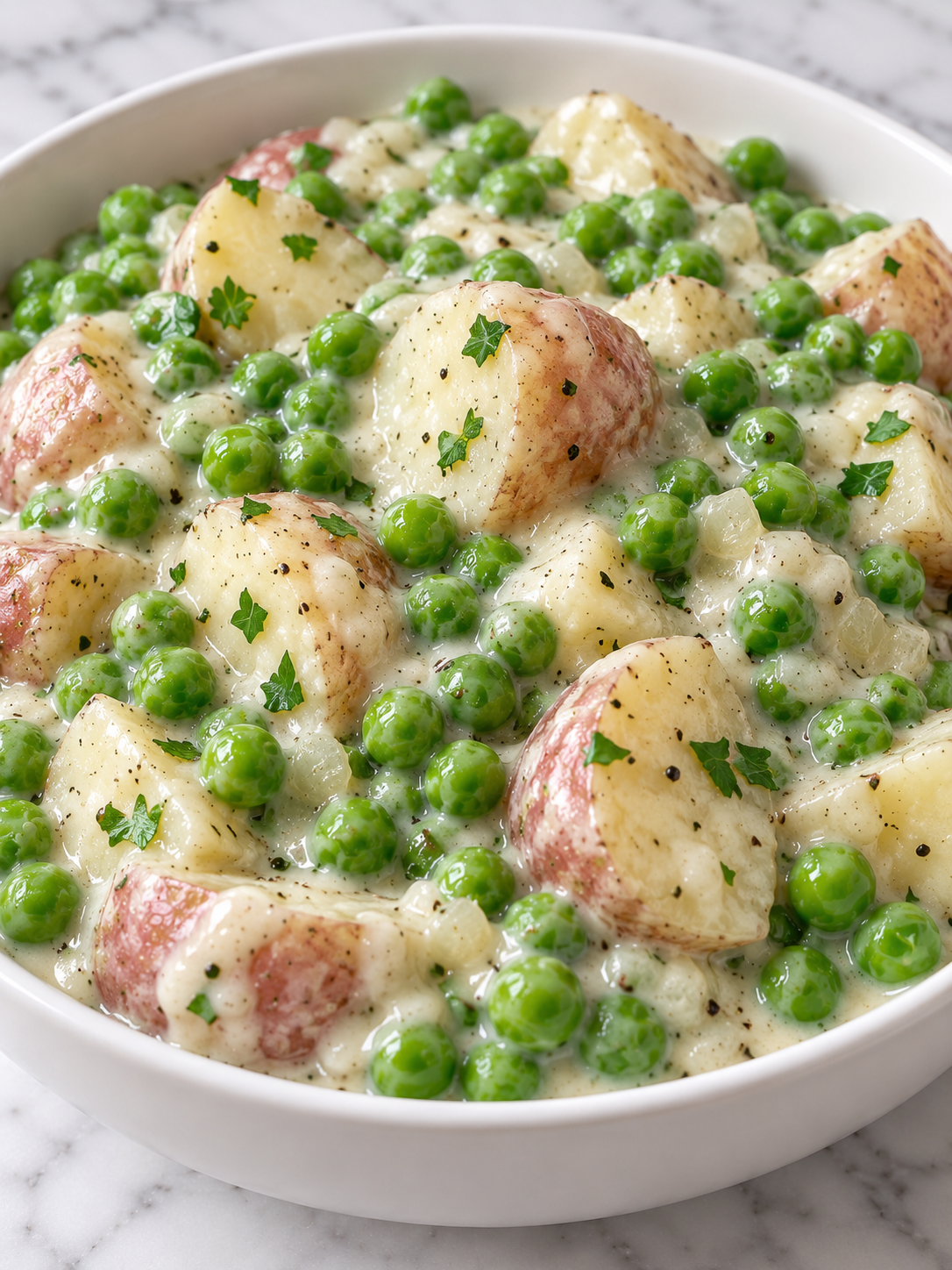 Creamed peas and potatoes with glossy sauce and parsley