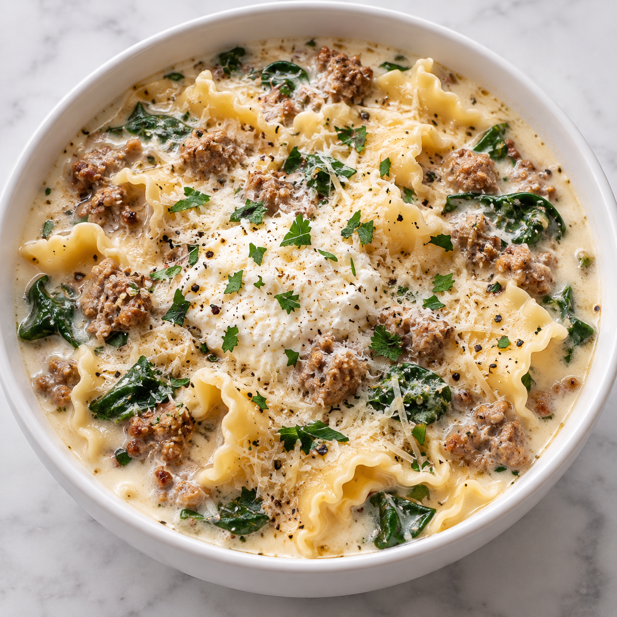 Creamy Alfredo lasagna soup with sausage, ricotta, parsley, and Parmesan