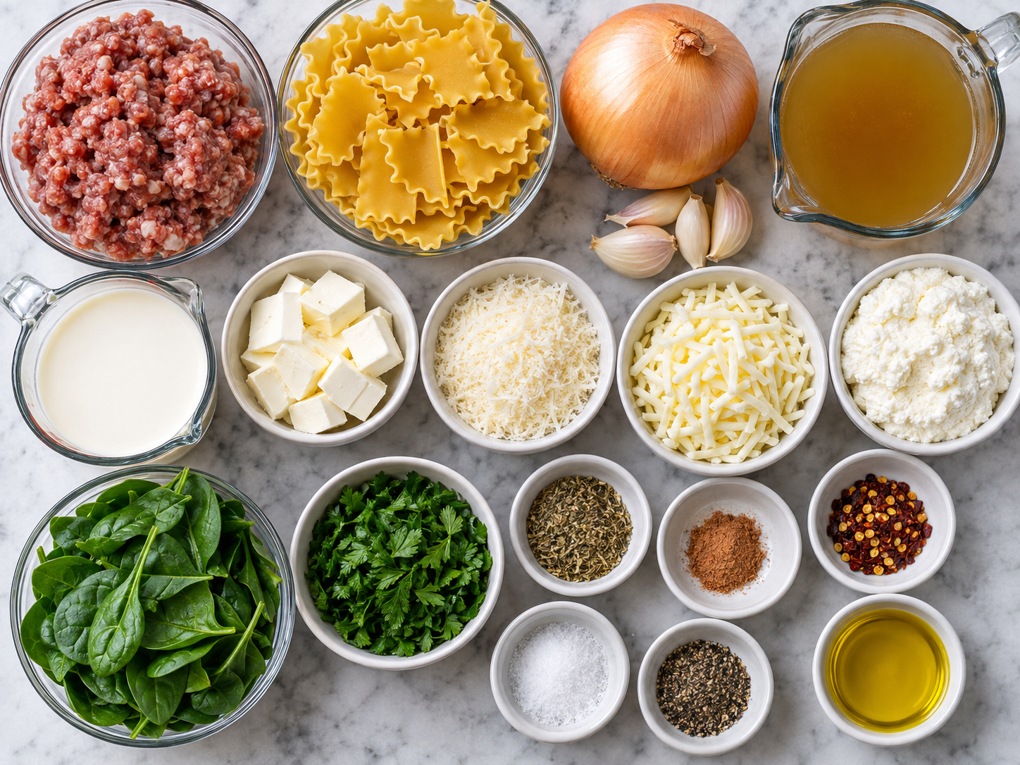 Ingredients for Creamy Alfredo lasagna soup with sausage, noodles, and cheeses