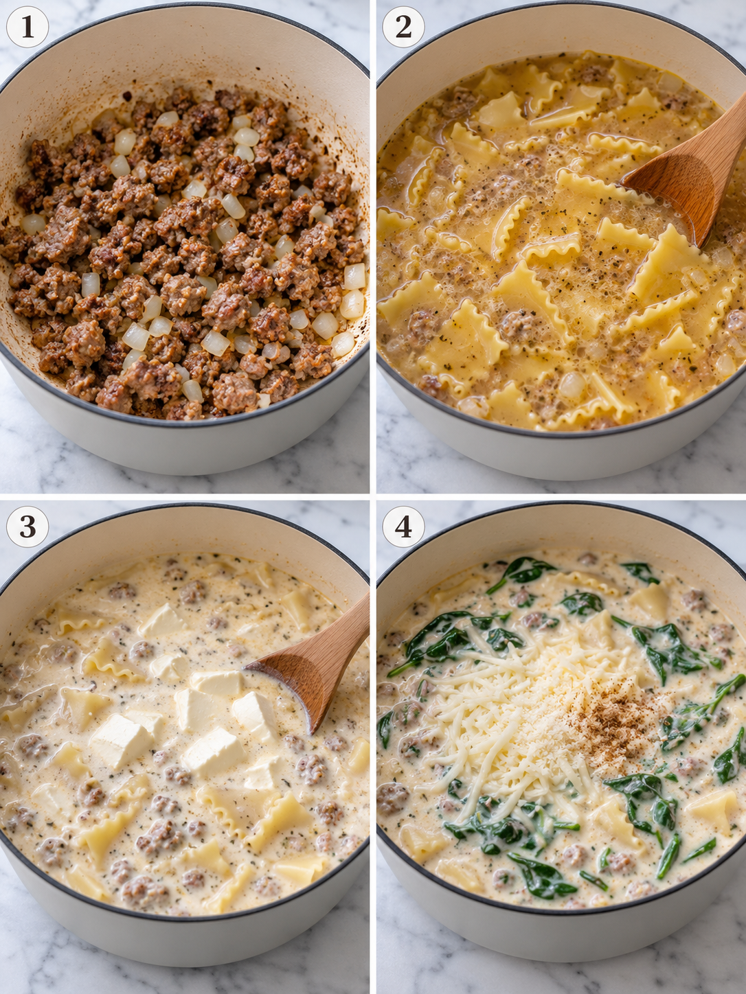 Four steps for making Creamy Alfredo lasagna soup in a Dutch oven