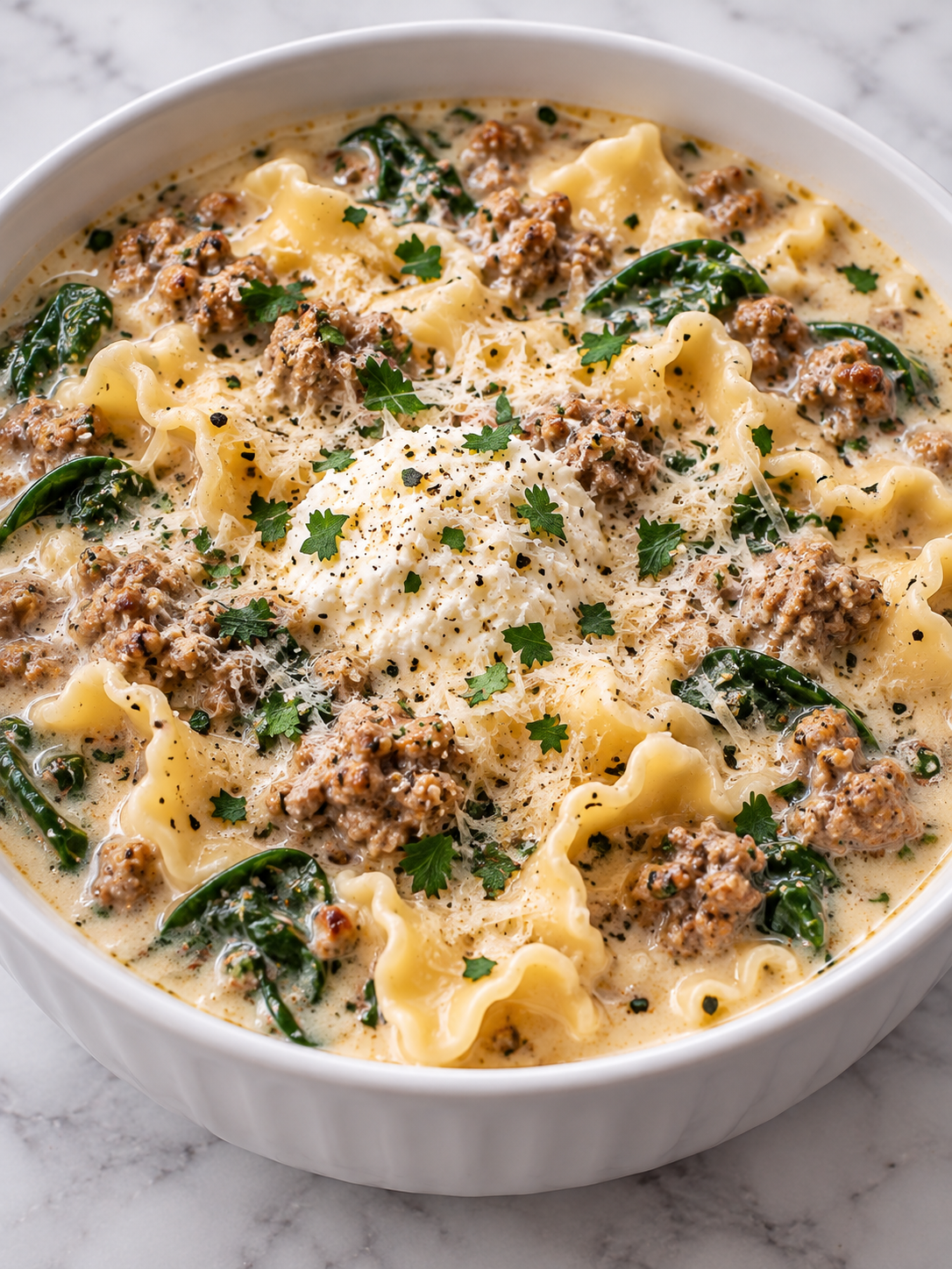 Creamy Alfredo lasagna soup filling the bowl with ricotta and parsley