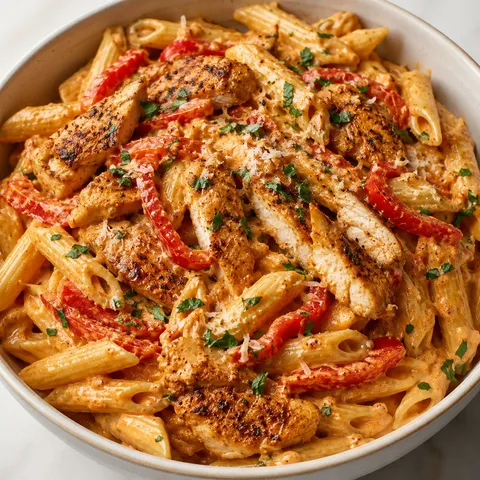 Creamy Cajun chicken pasta with peppers, parsley, and Parmesan